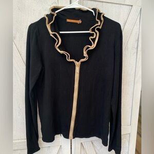 Belldini Chic Ruffle Cardigan with Gold Trim Women’s Large Black Rhinestone